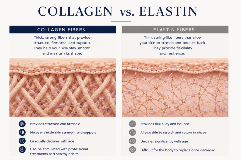 Medical illustration comparing collagen and elastin fibers in healthy skin.