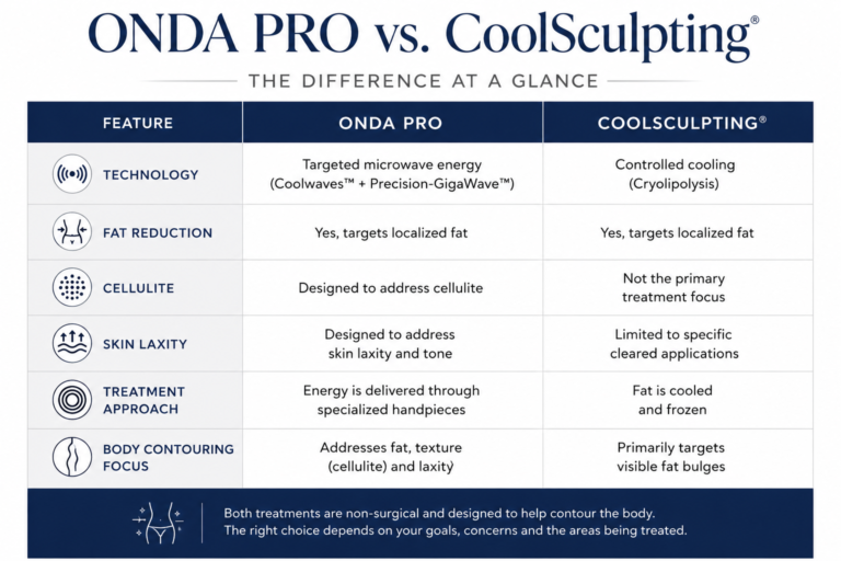 ONDA PRO vs. CoolSculpting comparison of technology, fat reduction, cellulite, skin laxity and body contouring.