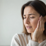 Woman holding the side of her jaw with an expression of discomfort.