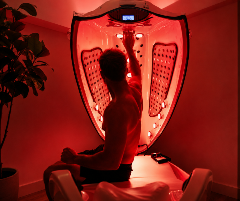 Client using the HyperT infrared sauna for heat therapy and hyperthermic conditioning at The Peak Wellness Spa in Scottsdale, Arizona.